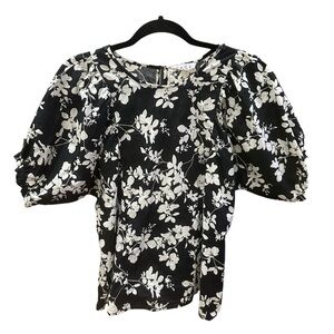 THML Floral Puff Sleeve Cotton Blouse Black White Boho Chic Top Size M